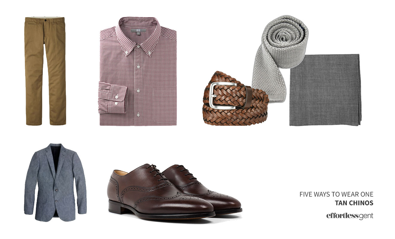 flatlay outfit with burgundy check shirt khaki pants, brown belt, and grey tie