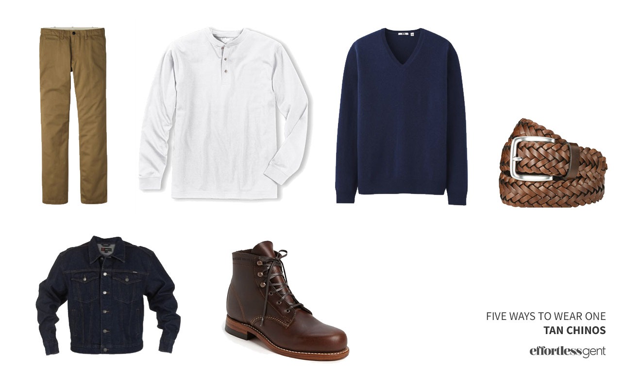 cold weather outfit with tan chinos, white henley, navy sweater, and denim jacket