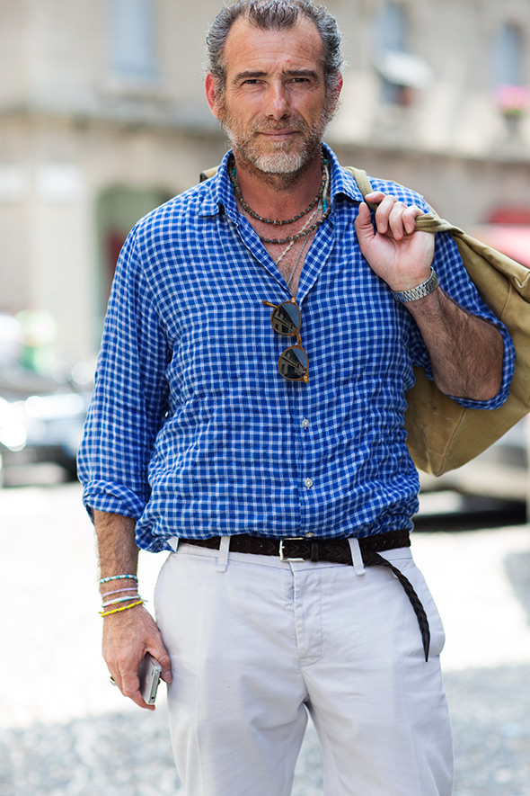 alessandro squarzi wearing blue check shirt and chinos with colorful accessories for men