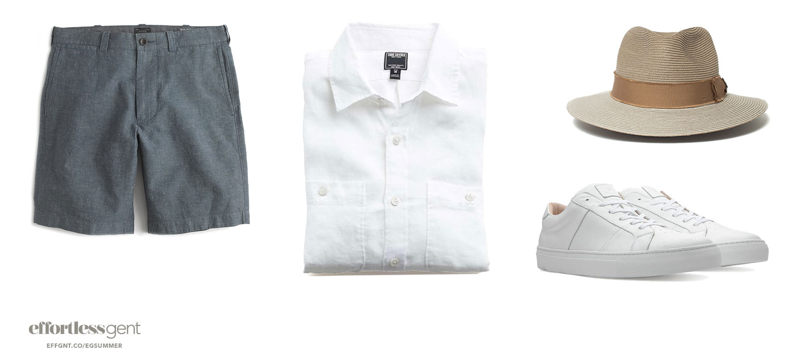 summer outfit with shorts linen shirt sneakers and panama hat