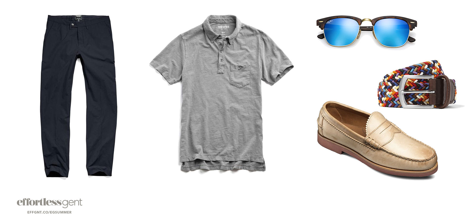 simple mens outfit with dark blue pants and grey polo loafers sunglasses and colorful belt