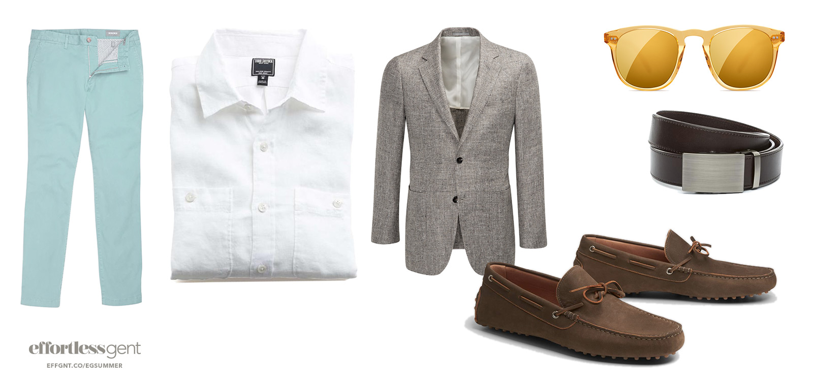 dressy summer outfit for men with light green chinos white shirt and tan sport coat with brown loafers belt and sunglasses