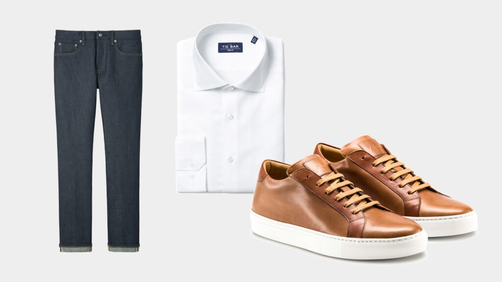 smart sharp casual outfit with Ace Marks brown dress sneakers, dark denim, and white dress shirt