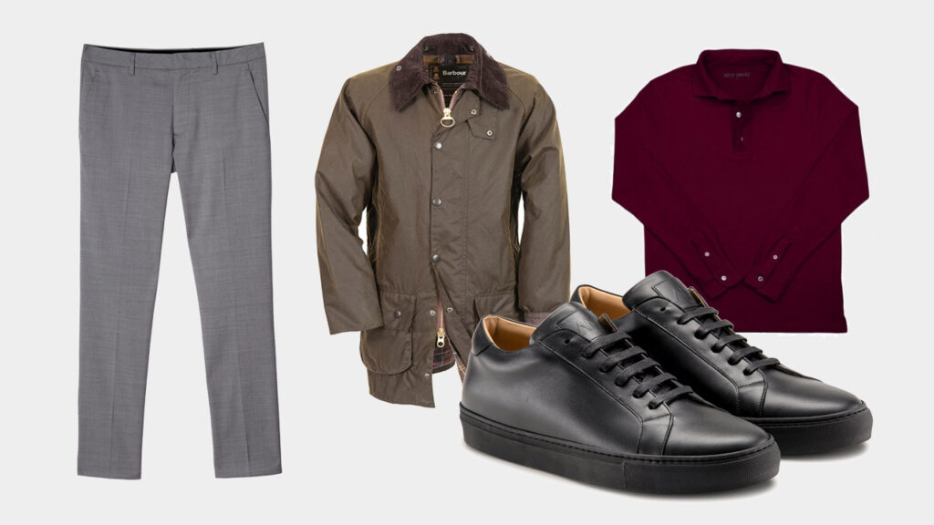smart sharp casual outfit with Ace Marks black dress sneakers, grey dress trousers, red long sleeve polo, and green waxed jacket