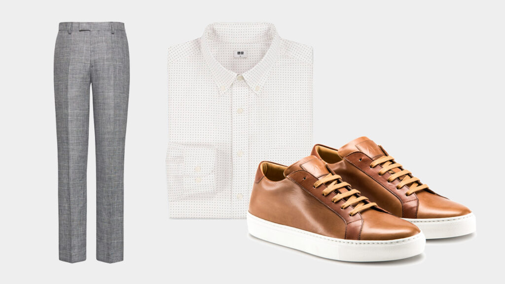 smart sharp casual outfit with Ace Marks brown dress sneakers, grey dress trousers, and white dot dress shirt