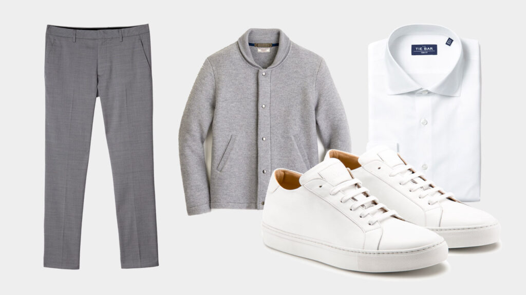 smart sharp casual outfit with Ace Marks white dress sneakers, grey trousers, grey shawl collar jacket, white dress shirt