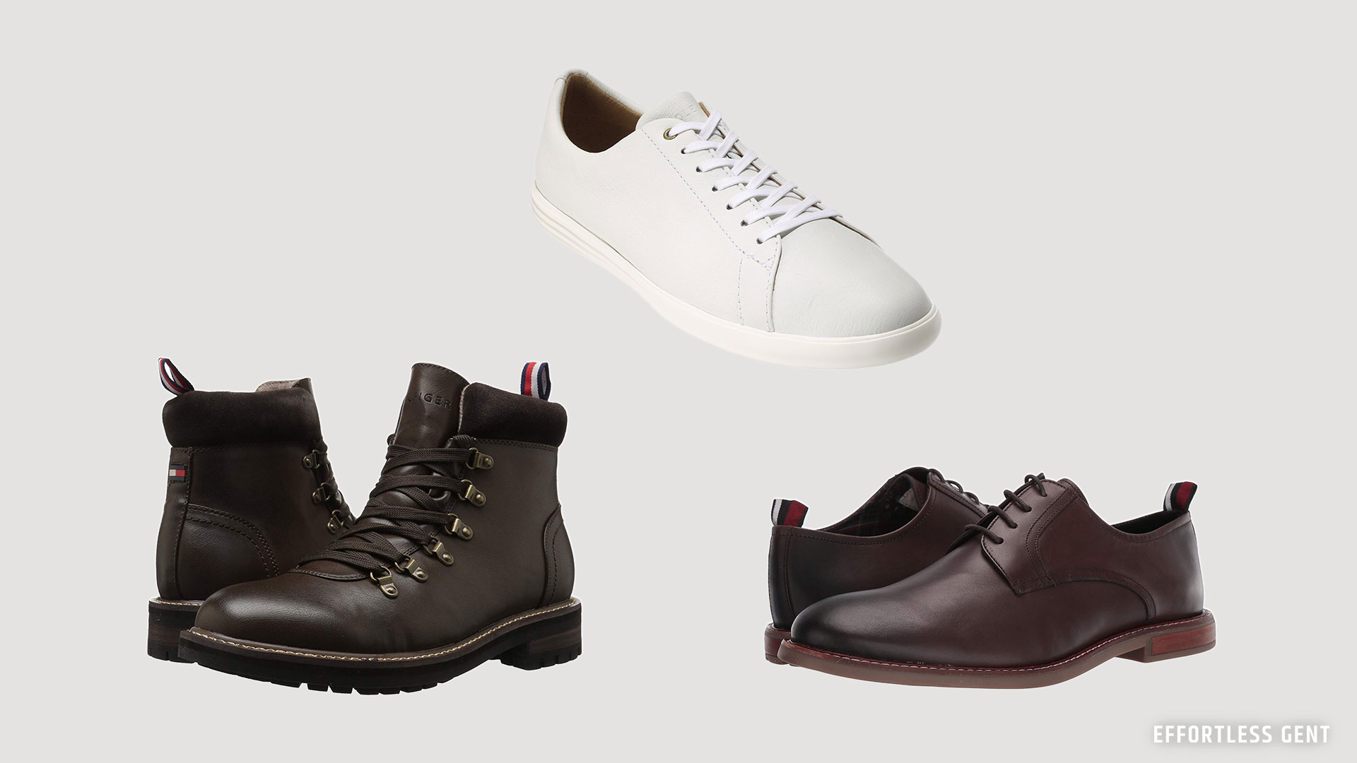 white sneakers, boots, and dress shoes for a man's budget minimal lean wardrobe