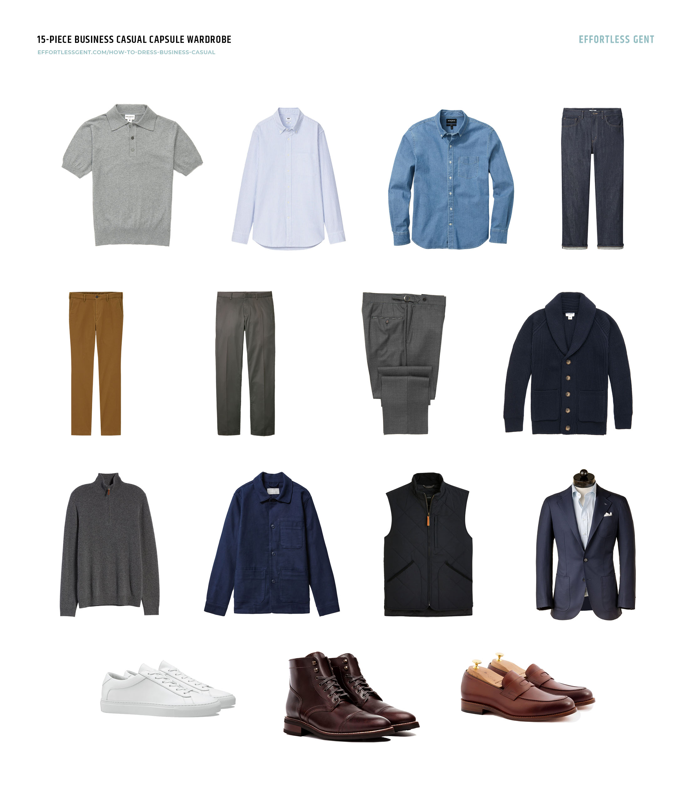 flatlay of all business casual capsule wardrobe items in this article