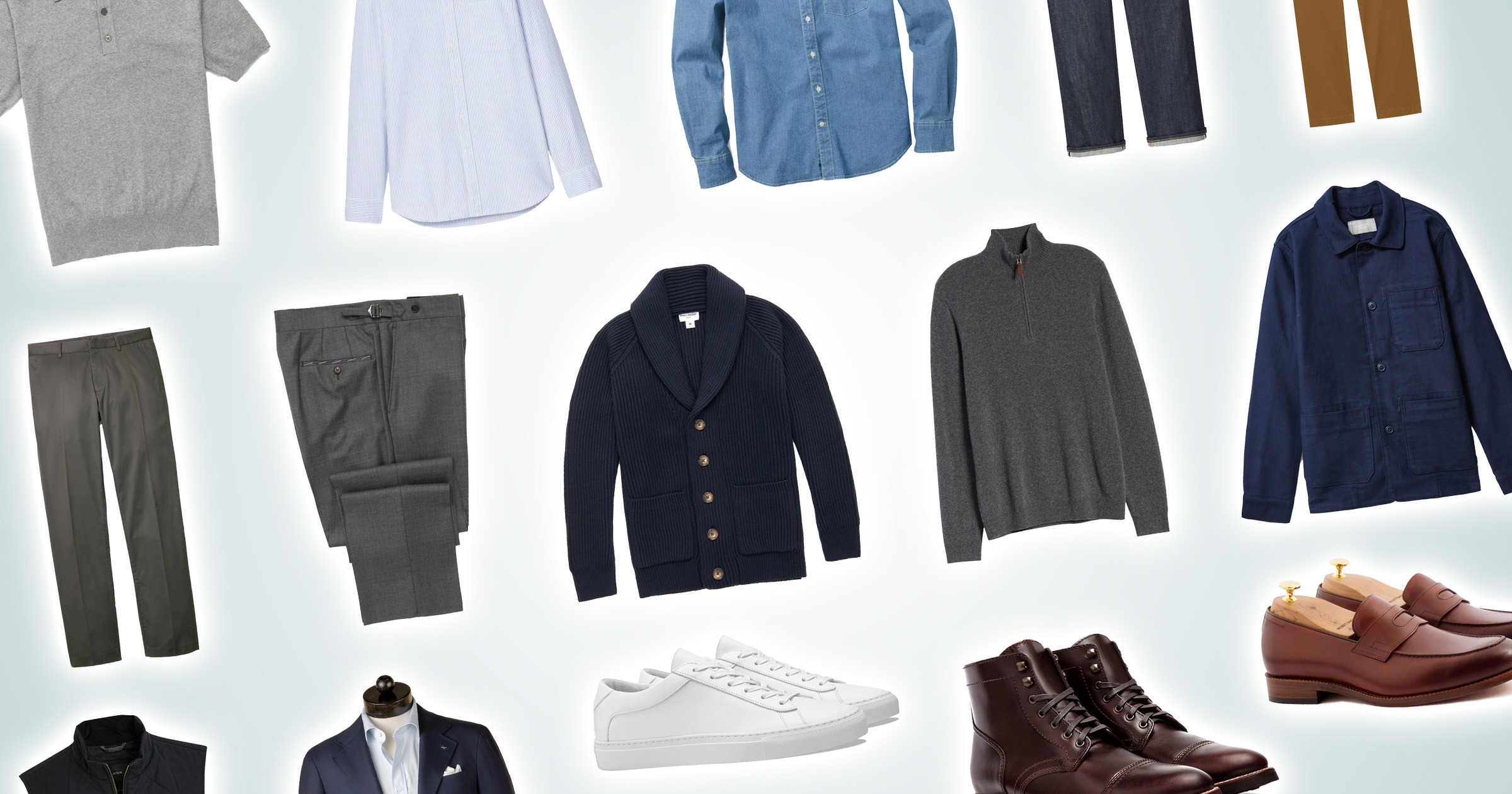 flatlay of business casual clothing items
