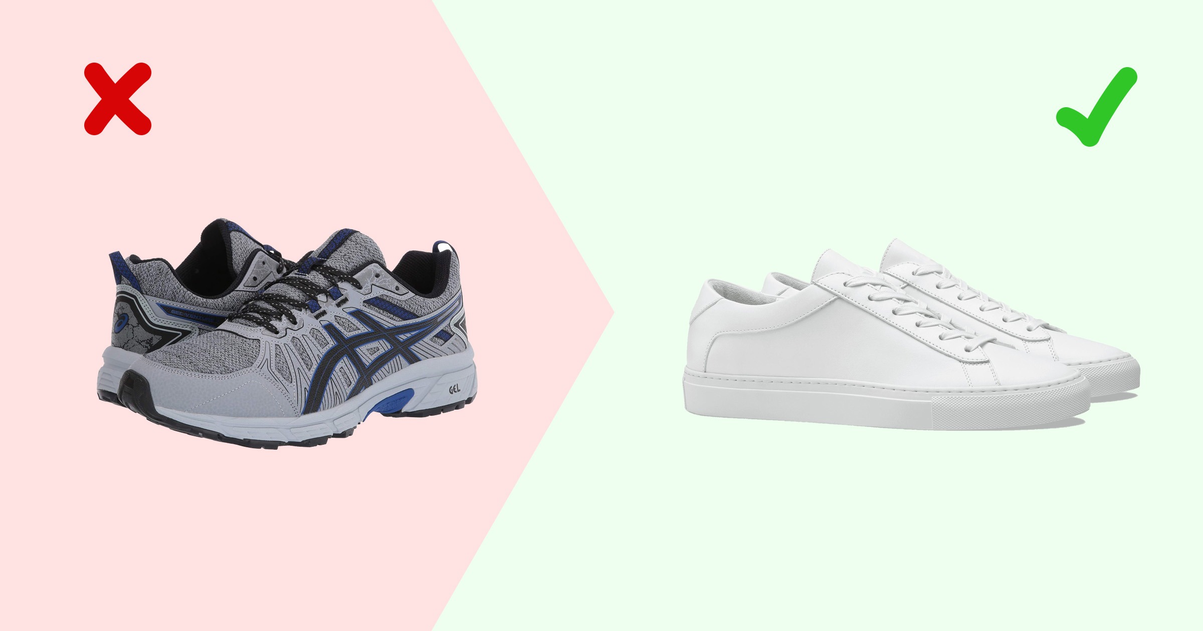 flatlay of running shoes vs whites sneakers