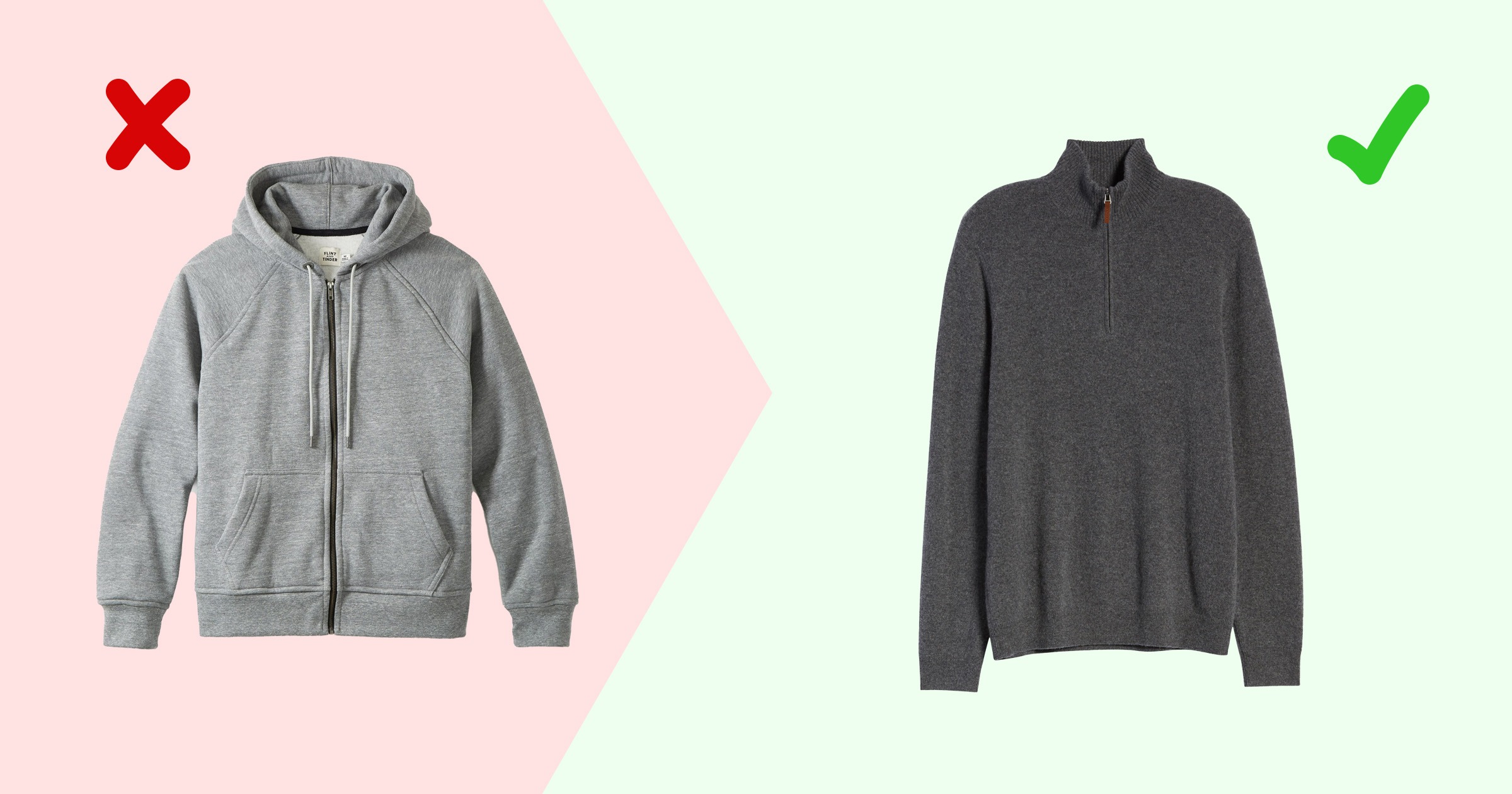 flatlay of bad hoodie vs quarter zip sweater