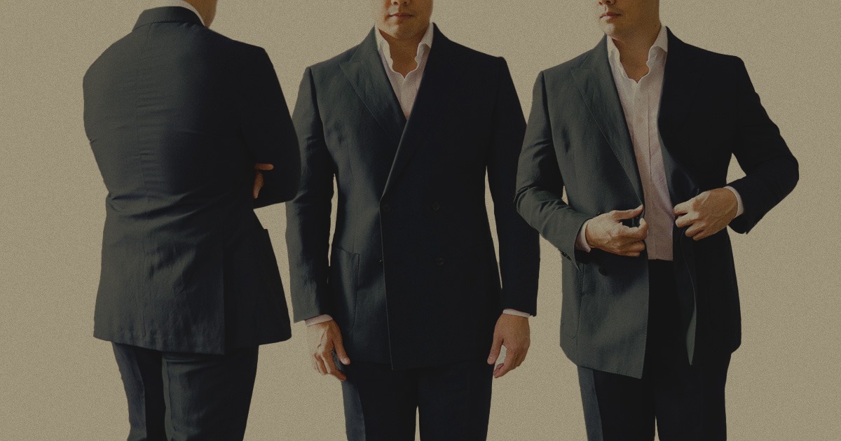 stylized cutout of man wearing dark suit in 3 different positions on tan background