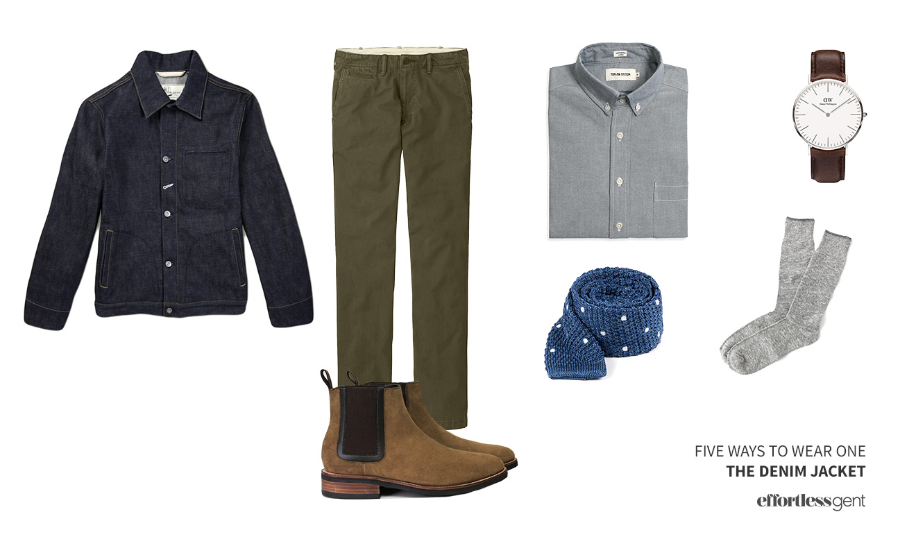 jean jacket with olive chinos
