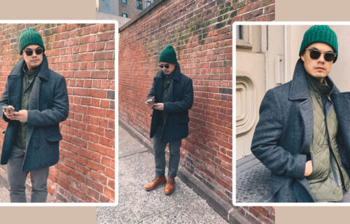 green beanie green quilted vest charcoal peacoat chinos and tan boots fall winter outfit