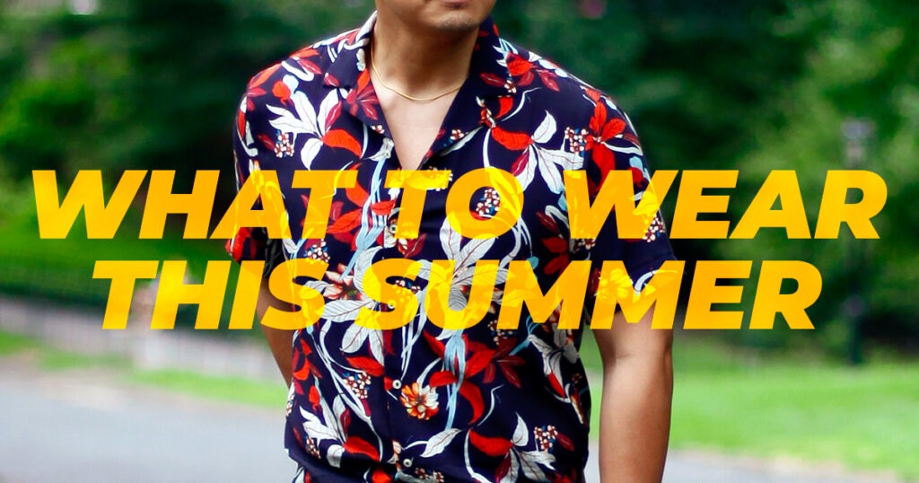men's floral shirt in the park in summer