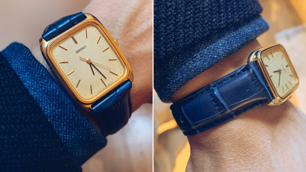 gold tone Seiko square wristwatch with blue alligator grain leather band from Barton 