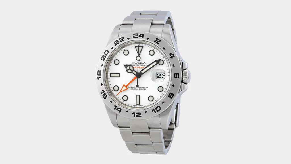 rolex explorer ii watch with white dial and steel case and bracelet