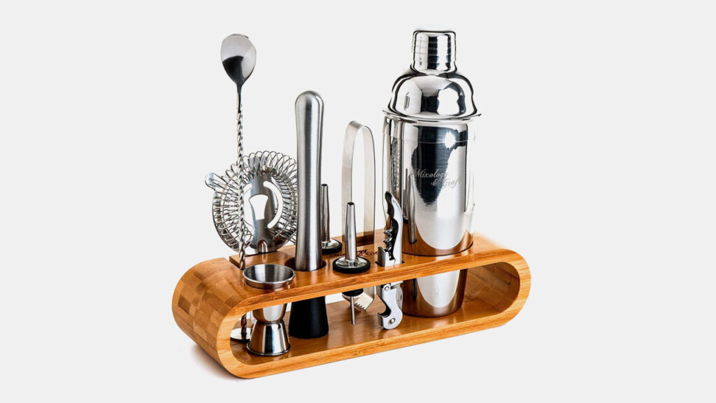 home bar setup tool set in stainless steel with bamboo base