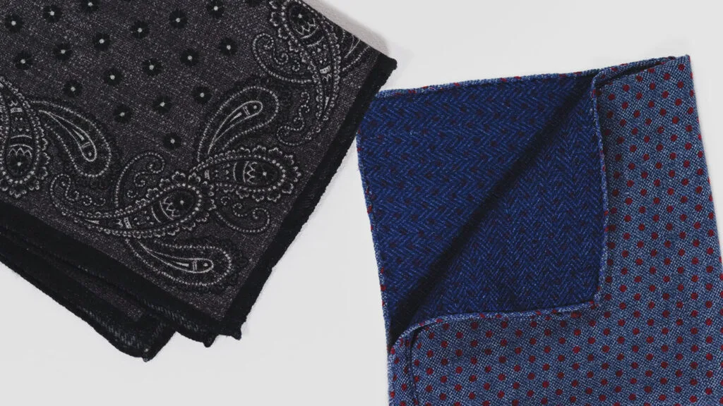 how to store pocket squares and organize handkerchiefs black and white paisley and blue and red dot handkerchiefs