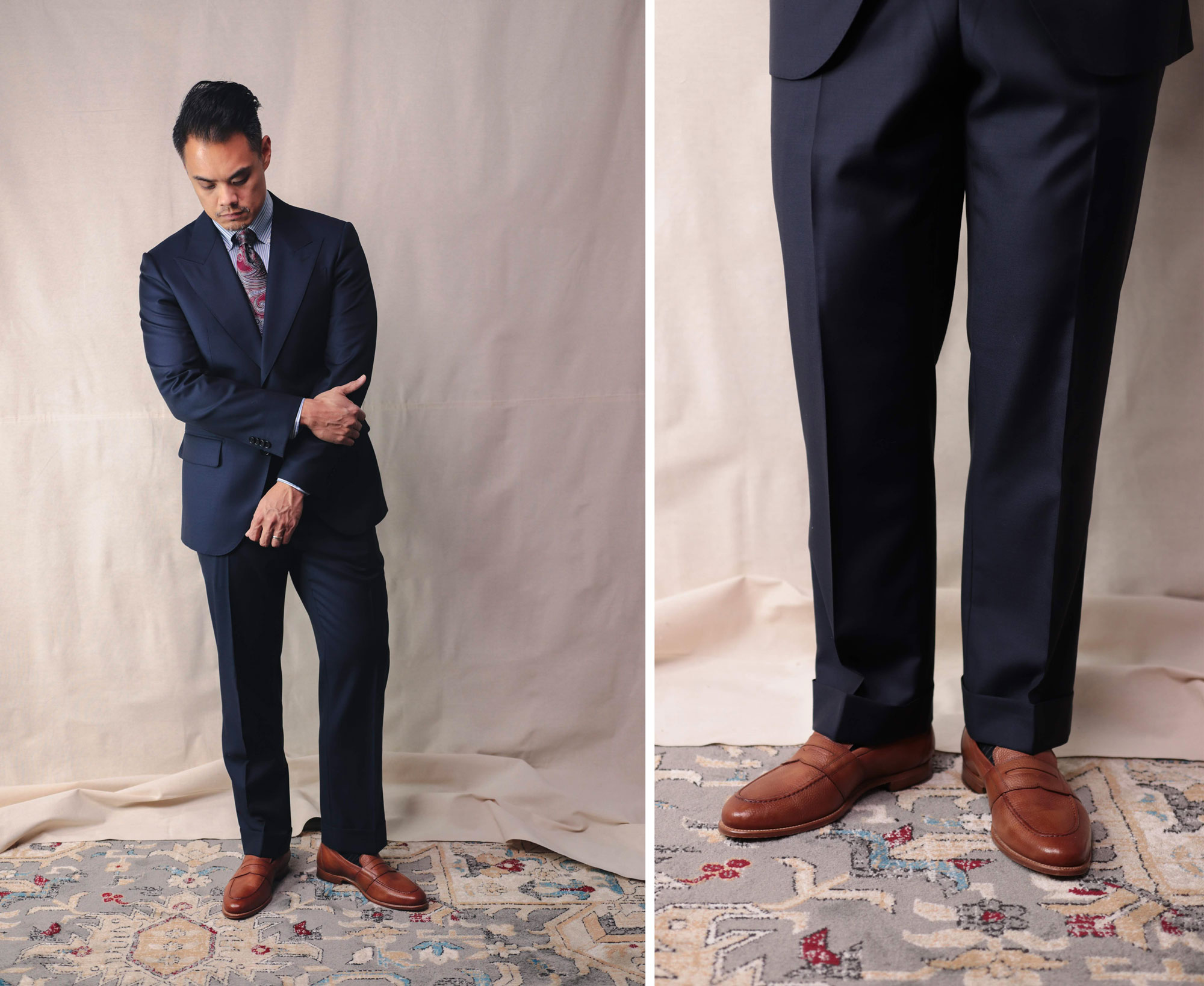 asian man wearing a nice navy suit and a closeup of the trousers and shoes