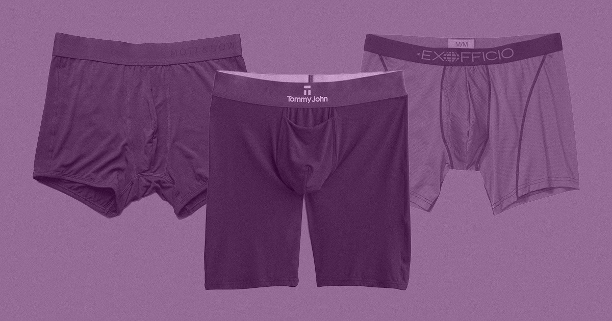 flatlay of different boxer briefs with a purple overlay color
