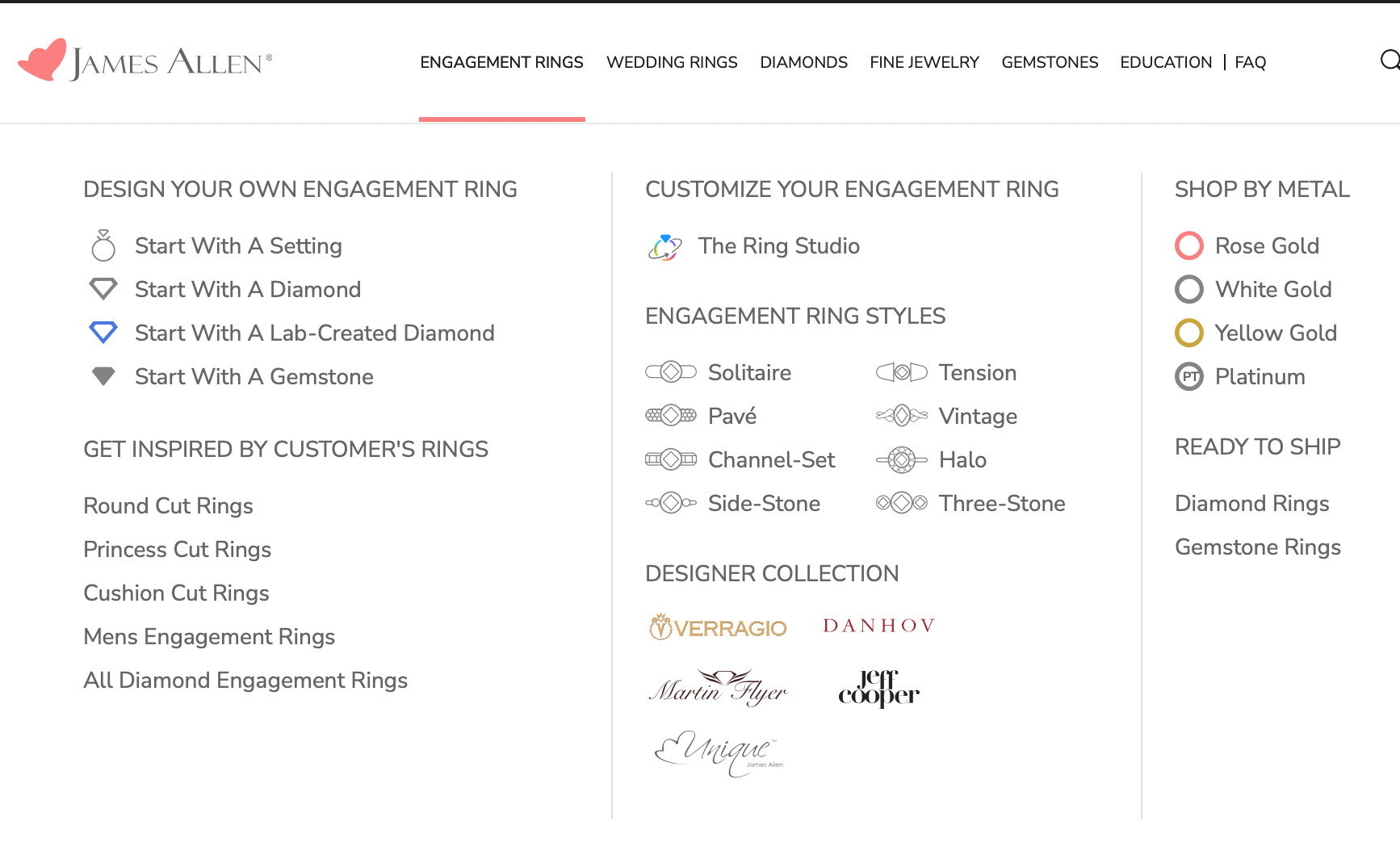 screenshot of james allen engagement ring menu