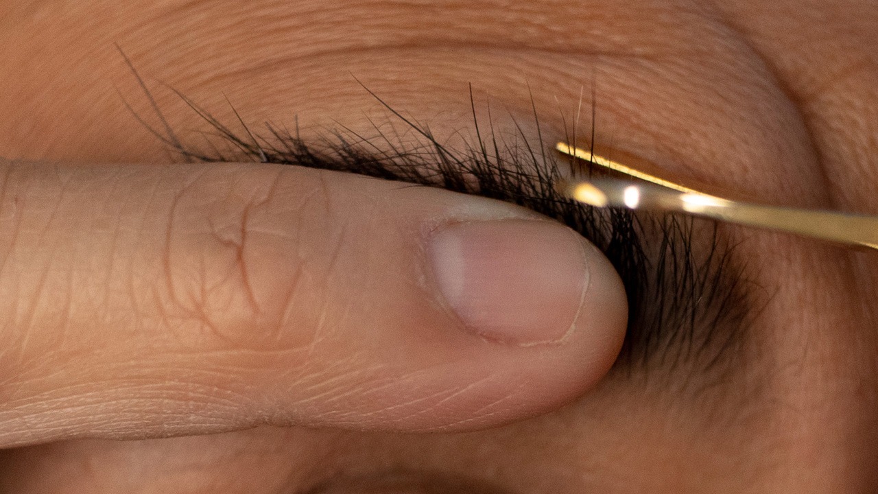 closeup of eyebrow hairs being trimmed