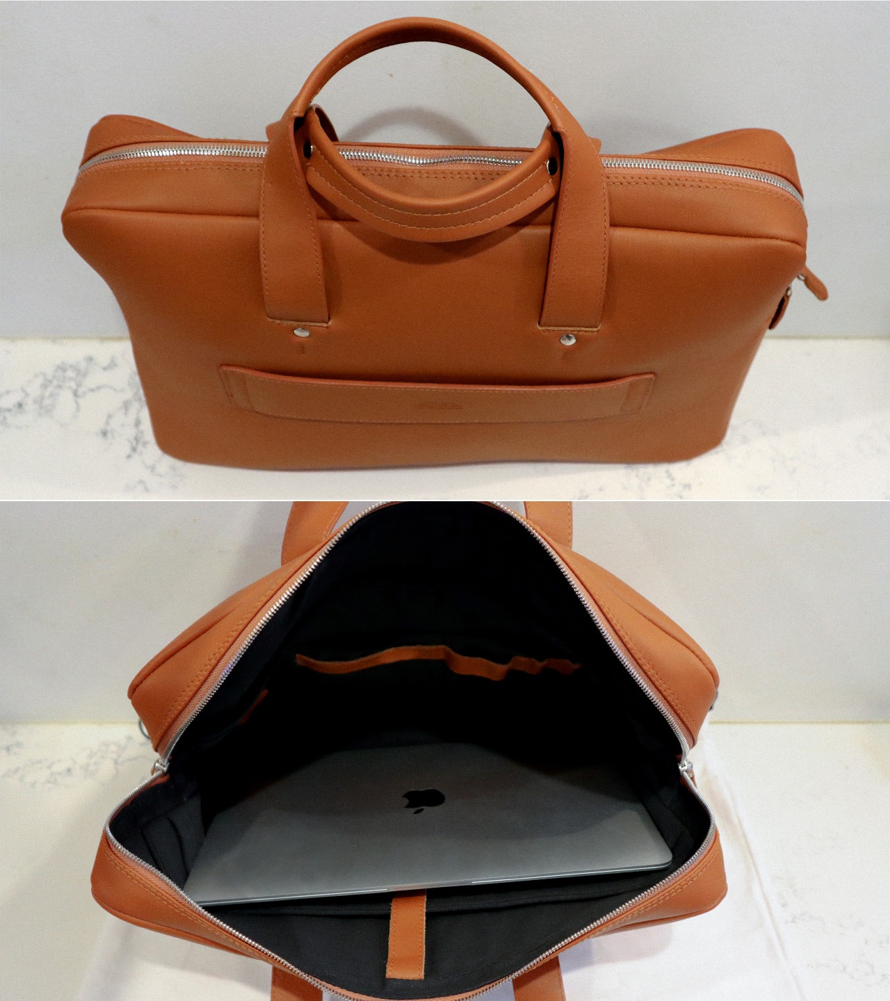 tan leather harber london briefcase with laptop inside