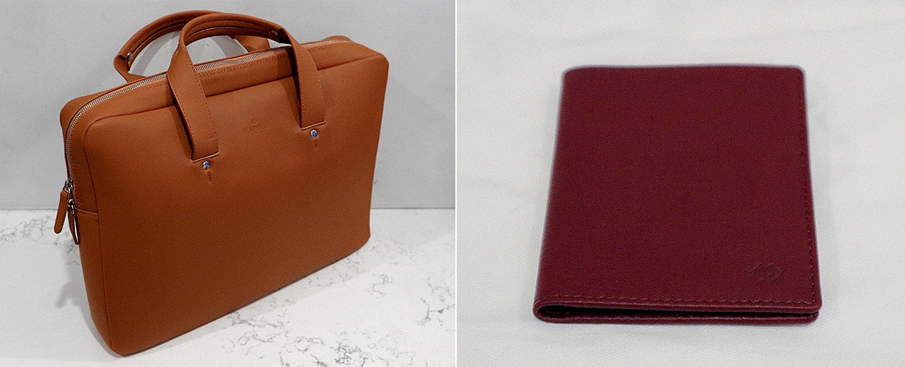tan leather briefcase and burgundy leather wallet from harber london