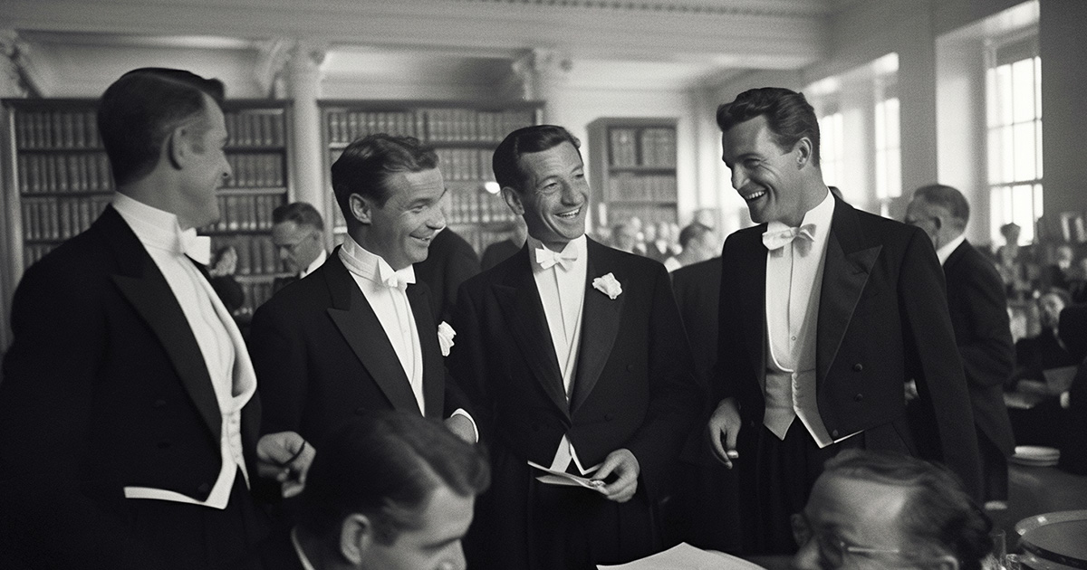 4 men in an ornate library background wearing tuxedos black and white photo