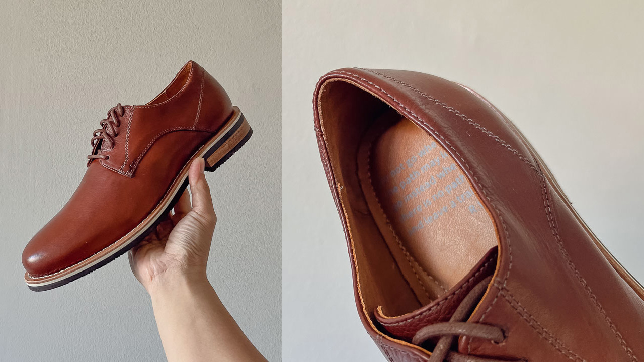 profile of HELM boots evans derbies in brown, and interior of shoe