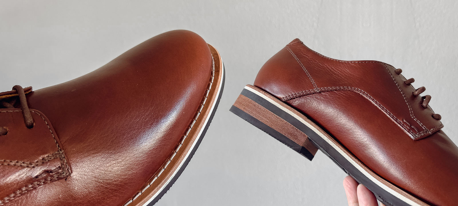 closeup of heel and toe of brown HELM boots Evans derbies