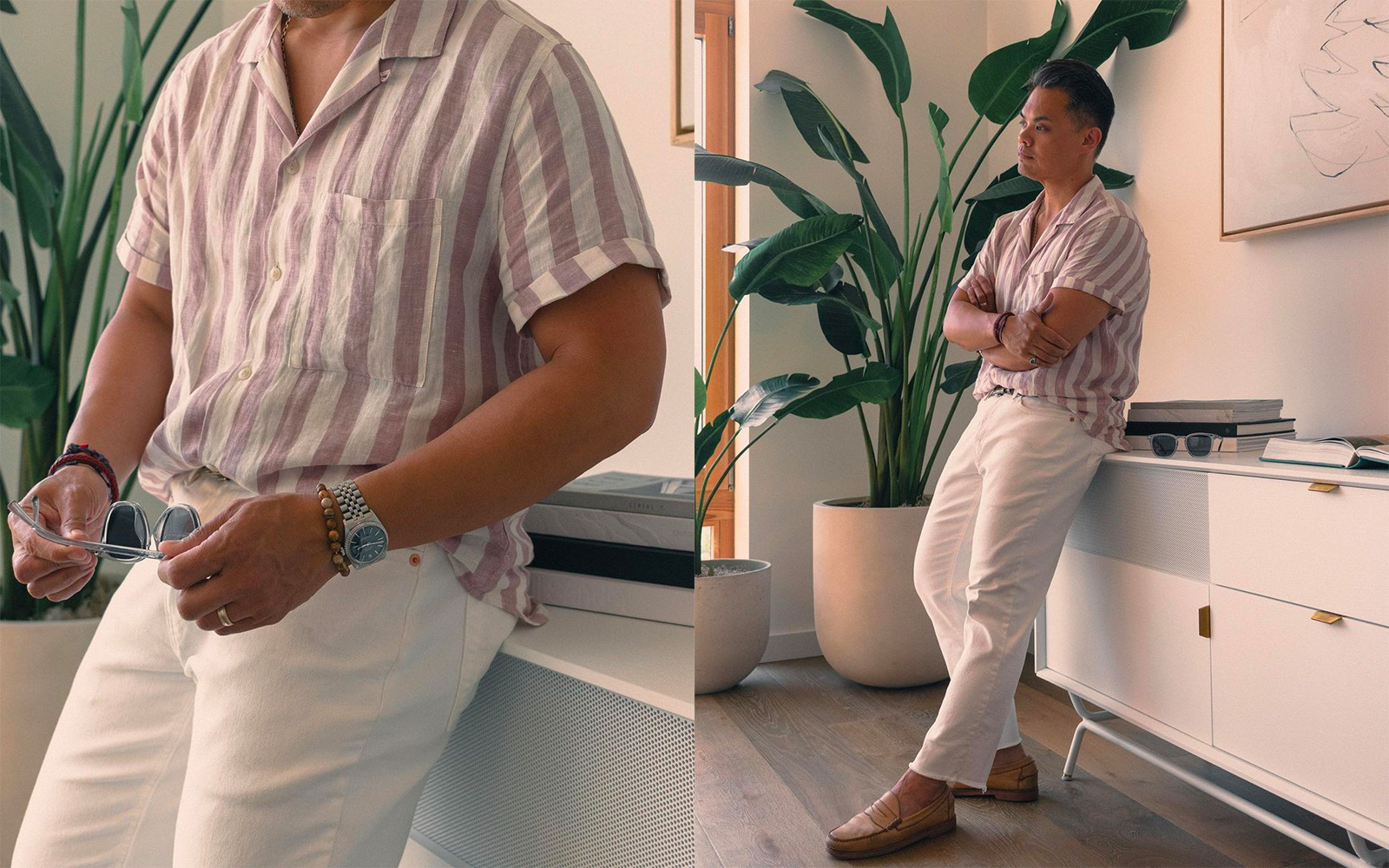 asian man wearing salmon and white stripe linen short sleeve shirt and white denim with tan loafers