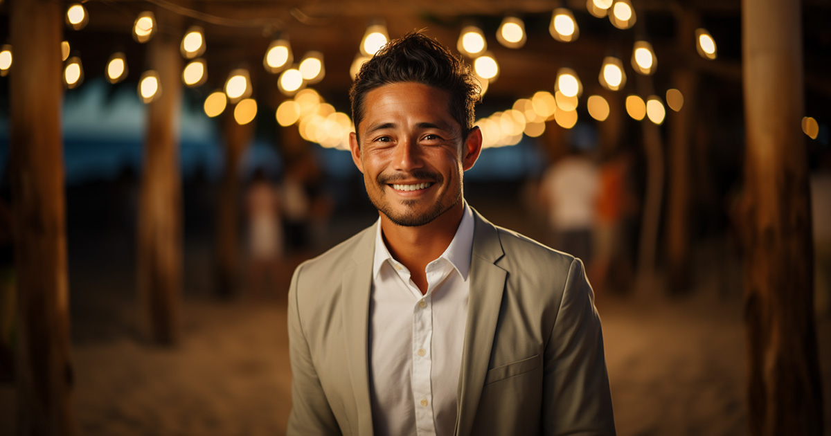asian man in tan suit and white dress shirt at a tropical beach wedding reception at night