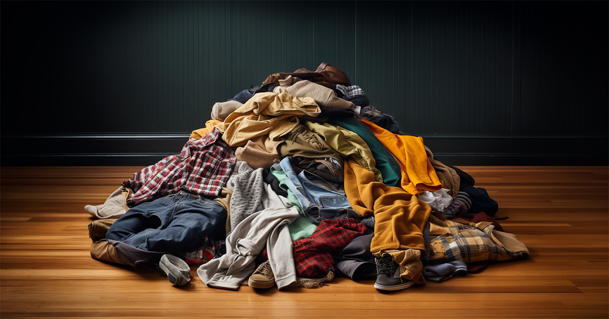 pile of men's clothing on a wooden floor against a dark green wood paneled wall