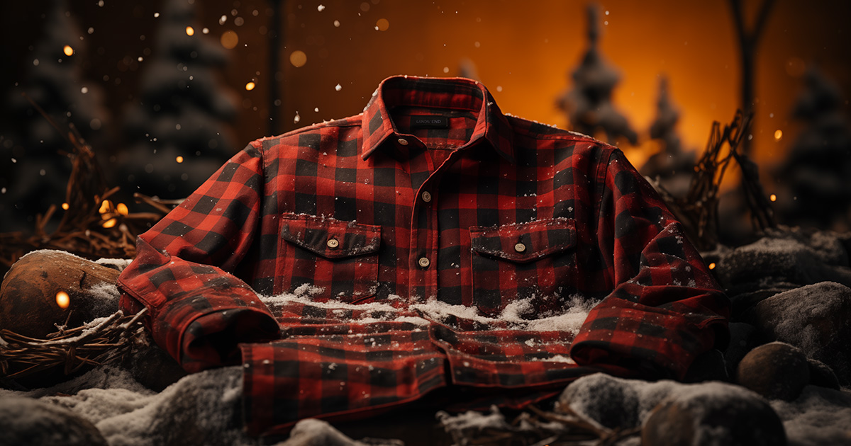 red and black buffalo plaid shirt with snowflakes falling on it against orange sky background