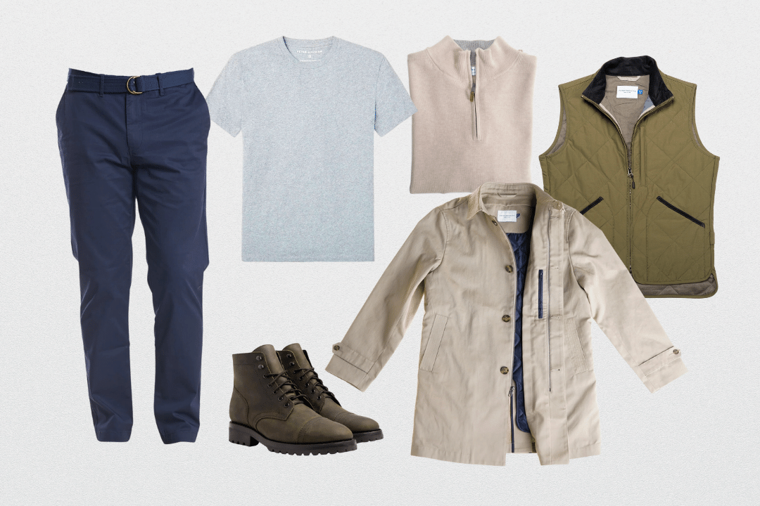 best clothes for short men: clothes that fit, such as this outfit consisting of navy chinos, heather grey t-shirt, zip mock neck sweater, quilted vest, and tan coat from peter manning