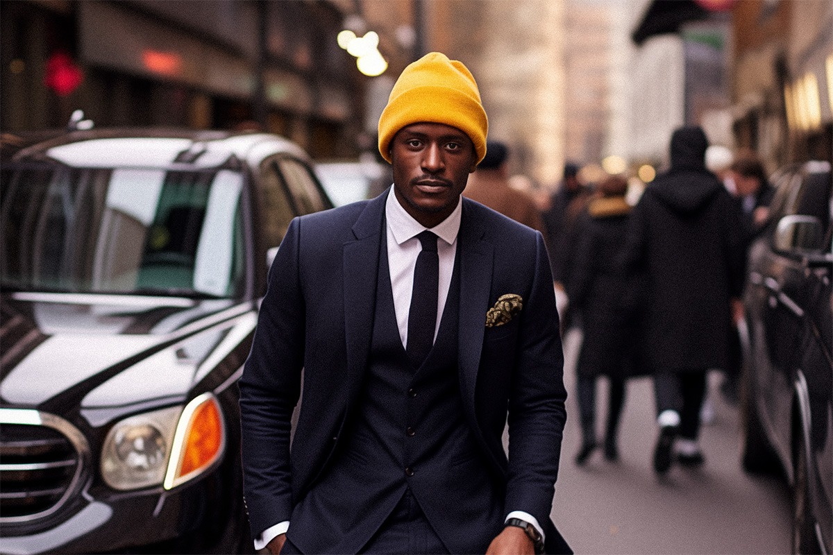 man wearing navy suit with yellow beanie standing in busy street 