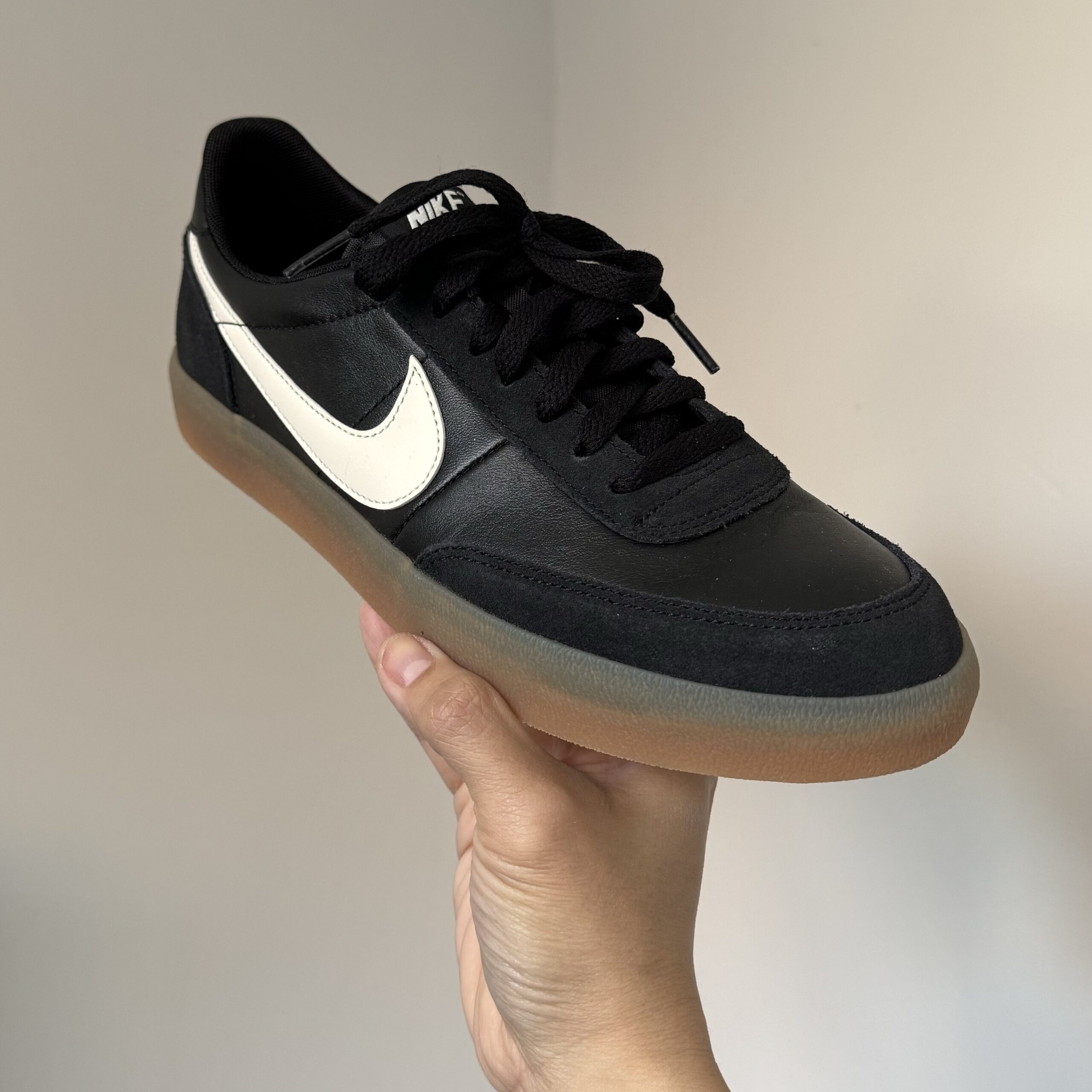 black nike killshot 2 with gum sole front angle view