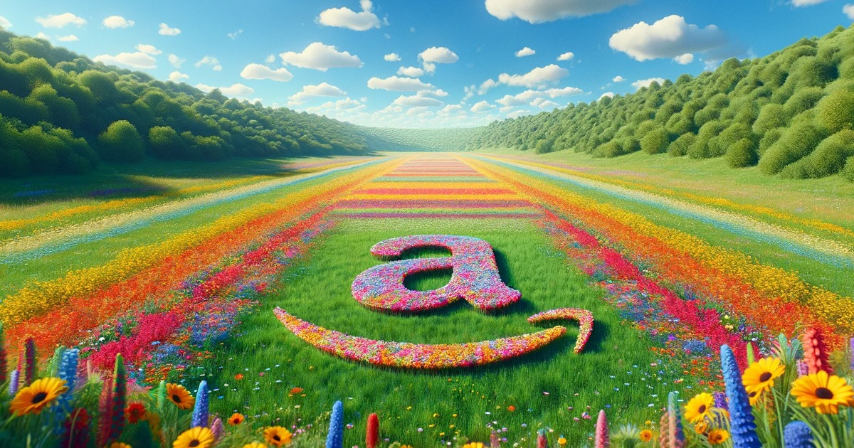 amazon logo made from flowers in a colorful springtime field